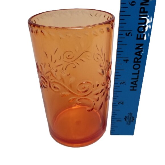 Vintage Plastic Dishes Set 4 Plates Tumblers Orange Embossed Scroll Boho Picnic - Picture 9 of 9